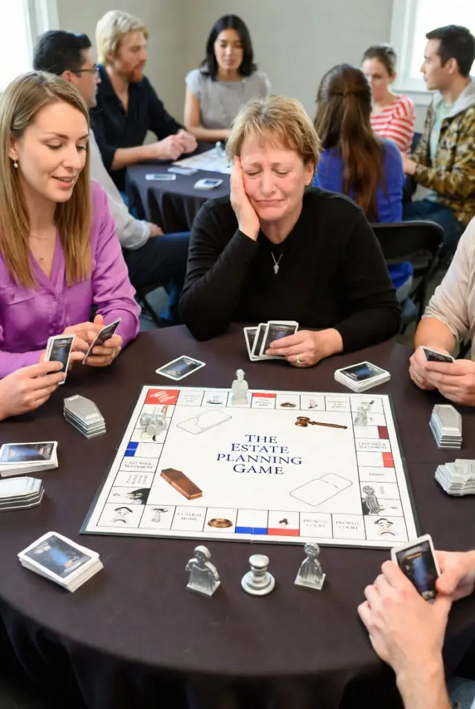 Group of people sitting around a table playing a game called "The Estate Planning Game"